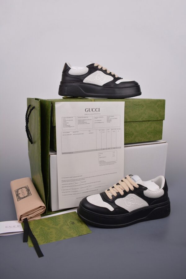 sy_no_2A3D1A6F57A5F010EB2148753BC45A31_4 Gucci Re-Web Sneaker in Black & White Perforated Leather with Interlocking GG
