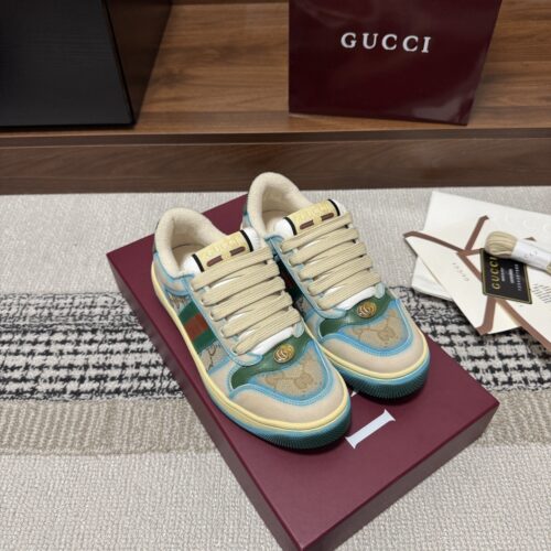 sy_no_2B9C996F323CE37BEBF24CCE1D52556B_0 Gucci Screener GG Canvas & Beige Suede Sneaker with Blue Wash Accent