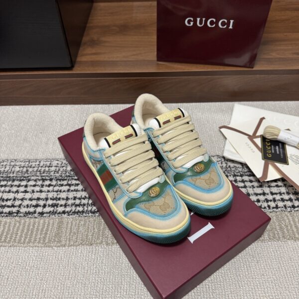 sy_no_2B9C996F323CE37BEBF24CCE1D52556B_0 Gucci Screener GG Canvas & Beige Suede Sneaker with Blue Wash Accent