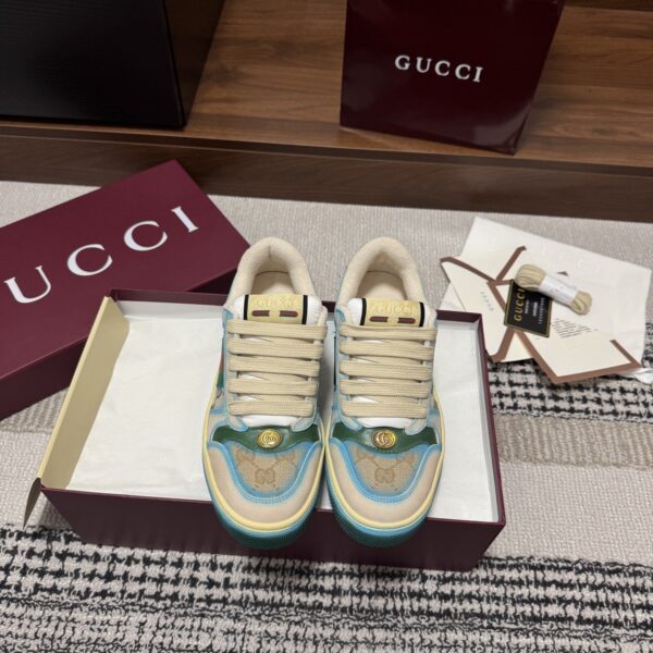 sy_no_2B9C996F323CE37BEBF24CCE1D52556B_1 Gucci Screener GG Canvas & Beige Suede Sneaker with Blue Wash Accent