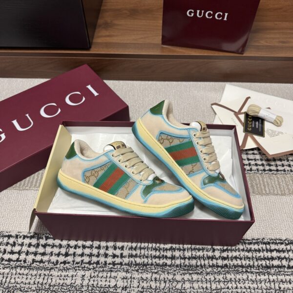 sy_no_2B9C996F323CE37BEBF24CCE1D52556B_2 Gucci Screener GG Canvas & Beige Suede Sneaker with Blue Wash Accent