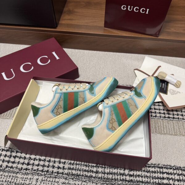 sy_no_2B9C996F323CE37BEBF24CCE1D52556B_4 Gucci Screener GG Canvas & Beige Suede Sneaker with Blue Wash Accent