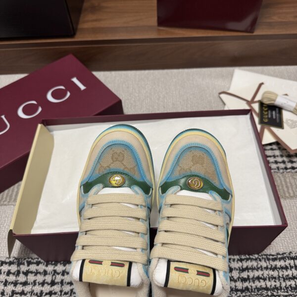 sy_no_2B9C996F323CE37BEBF24CCE1D52556B_5 Gucci Screener GG Canvas & Beige Suede Sneaker with Blue Wash Accent