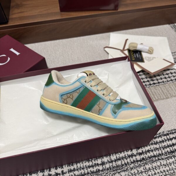 sy_no_2B9C996F323CE37BEBF24CCE1D52556B_6 Gucci Screener GG Canvas & Beige Suede Sneaker with Blue Wash Accent