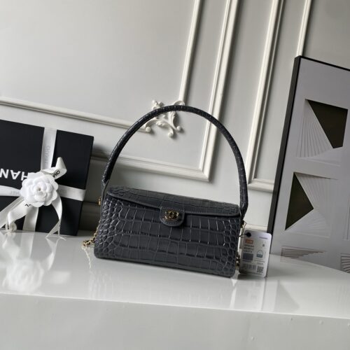 sy_no_2CC18A94DFB333B79844E878D75A6470_0 Charcoal Gray Crocodile-Embossed East-West Handbag