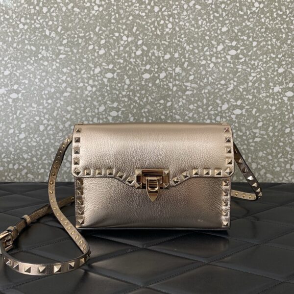 Champagne Gold Metallic Leather Rockstud Flap Crossbody Bag