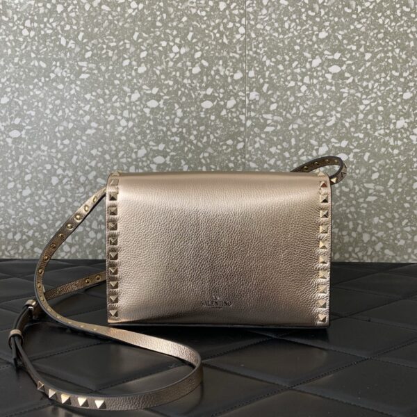 Champagne Gold Metallic Leather Rockstud Flap Crossbody Bag