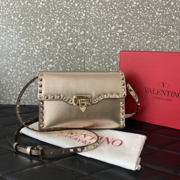 Champagne Gold Metallic Leather Rockstud Flap Crossbody Bag