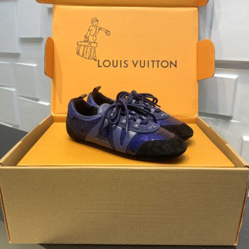 sy_no_2EABA1CC5895A03F25C49C5D42D50032_0 Louis Vuitton Sneakerina Blue Sequin Monogram & Black Suede Thin-Sole Sneakers