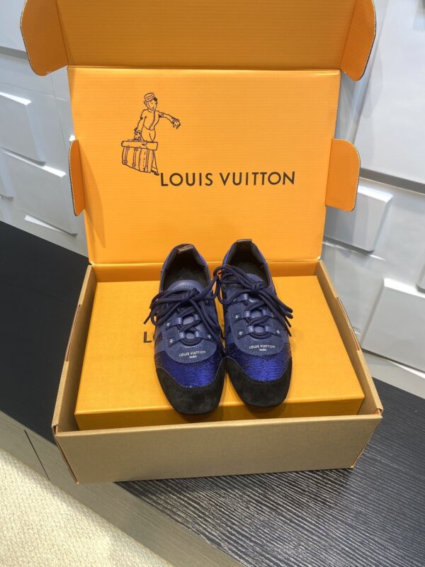 sy_no_2EABA1CC5895A03F25C49C5D42D50032_2 Louis Vuitton Sneakerina Blue Sequin Monogram & Black Suede Thin-Sole Sneakers