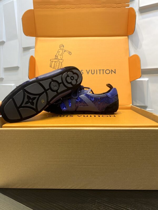 sy_no_2EABA1CC5895A03F25C49C5D42D50032_5 Louis Vuitton Sneakerina Blue Sequin Monogram & Black Suede Thin-Sole Sneakers