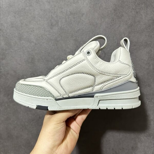 White & Light Grey Pebbled Leather Retro Skate Sneakers