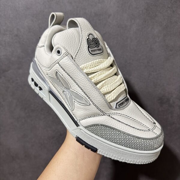 White & Light Grey Pebbled Leather Retro Skate Sneakers