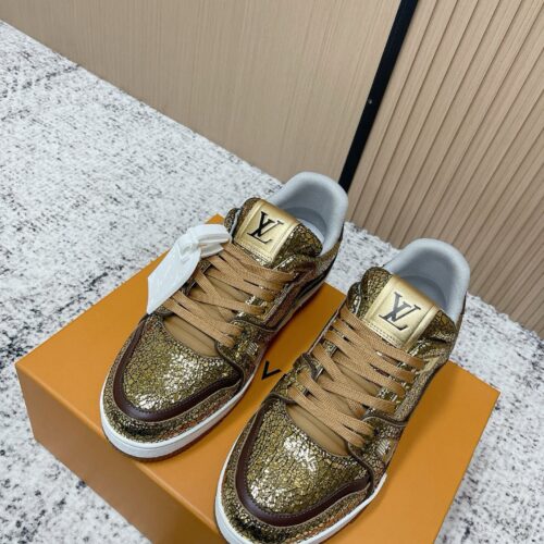 sy_no_3347B6CB128BC5B6AD1BBCAB1FC404E6_0 Louis Vuitton LV Trainer Metallic Gold Crackle & Brown Trim Retro Sneakers