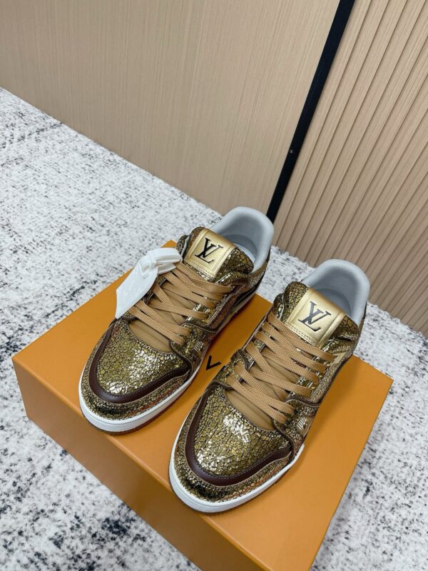 Louis Vuitton LV Trainer Metallic Gold Crackle & Brown Trim Retro Sneakers