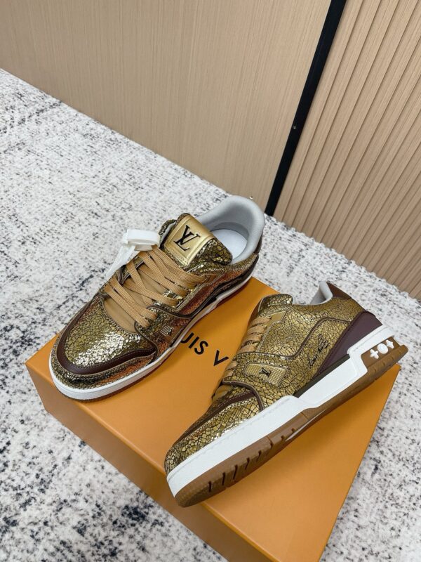 Louis Vuitton LV Trainer Metallic Gold Crackle & Brown Trim Retro Sneakers