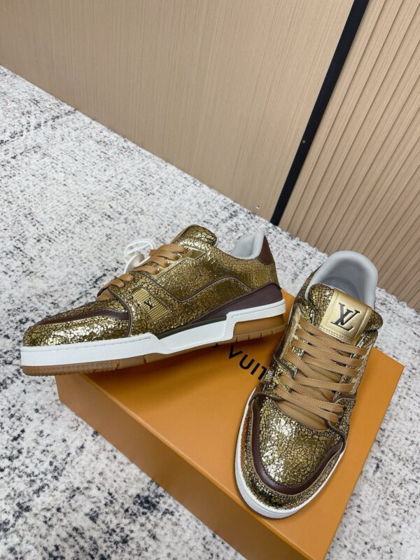 Louis Vuitton LV Trainer Metallic Gold Crackle & Brown Trim Retro Sneakers