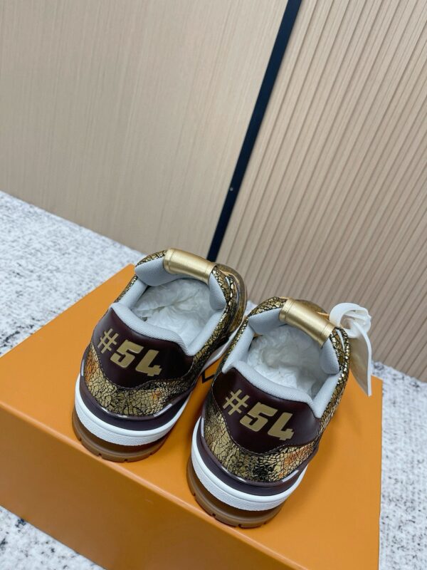 Louis Vuitton LV Trainer Metallic Gold Crackle & Brown Trim Retro Sneakers