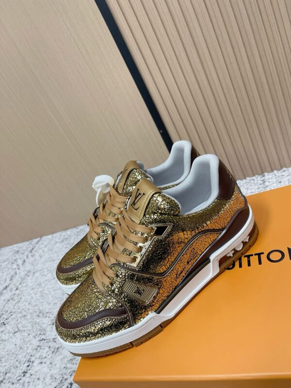 Louis Vuitton LV Trainer Metallic Gold Crackle & Brown Trim Retro Sneakers