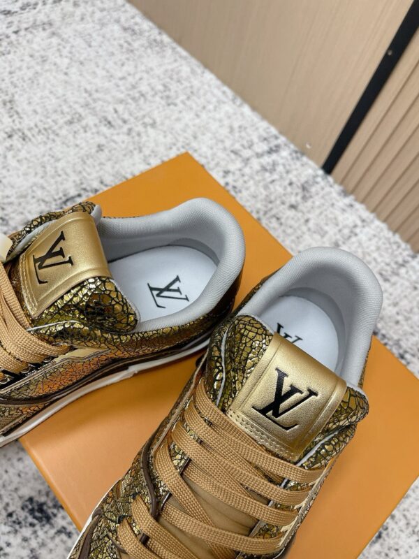 Louis Vuitton LV Trainer Metallic Gold Crackle & Brown Trim Retro Sneakers