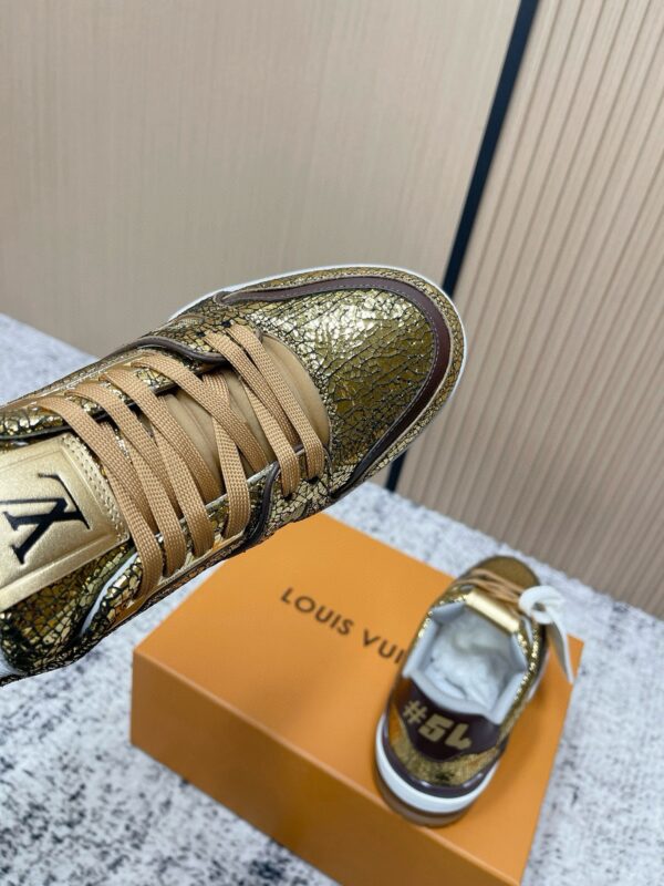 Louis Vuitton LV Trainer Metallic Gold Crackle & Brown Trim Retro Sneakers