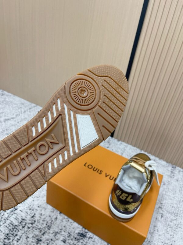 Louis Vuitton LV Trainer Metallic Gold Crackle & Brown Trim Retro Sneakers