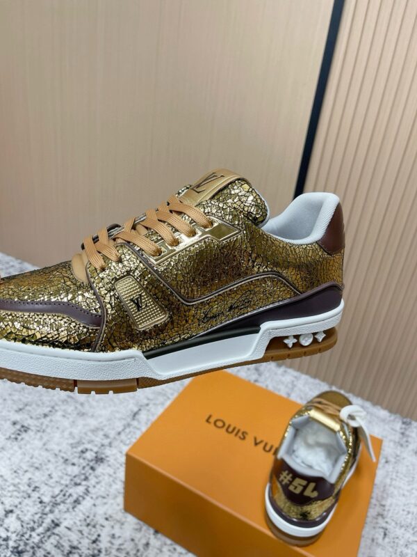 Louis Vuitton LV Trainer Metallic Gold Crackle & Brown Trim Retro Sneakers