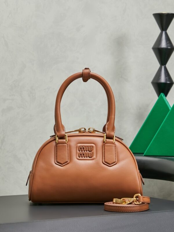 Miu Miu Women’s Arcadie Calfskin Bowling Bag – Vintage-Style Shell Bag (Suitable for Commuting; Shoulder, Crossbody, or Hand-Carry)