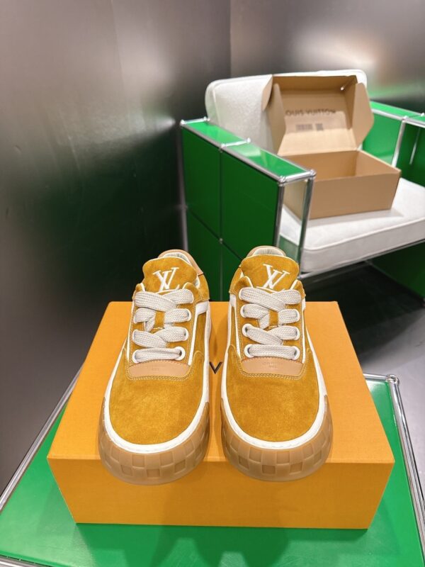 sy_no_3444A1596B7A73EA89295F9A39B987BA_0 Louis Vuitton LV Groovy Mustard Yellow Suede & Gum Sole Chunky Skate Sneakers