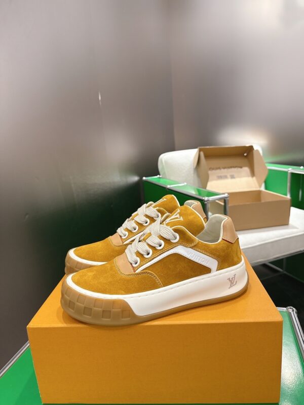 sy_no_3444A1596B7A73EA89295F9A39B987BA_1 Louis Vuitton LV Groovy Mustard Yellow Suede & Gum Sole Chunky Skate Sneakers