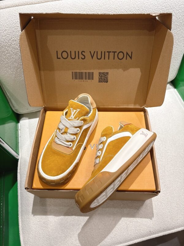 sy_no_3444A1596B7A73EA89295F9A39B987BA_2 Louis Vuitton LV Groovy Mustard Yellow Suede & Gum Sole Chunky Skate Sneakers