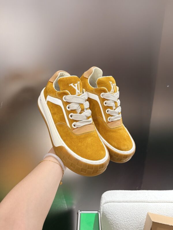 sy_no_3444A1596B7A73EA89295F9A39B987BA_4 Louis Vuitton LV Groovy Mustard Yellow Suede & Gum Sole Chunky Skate Sneakers