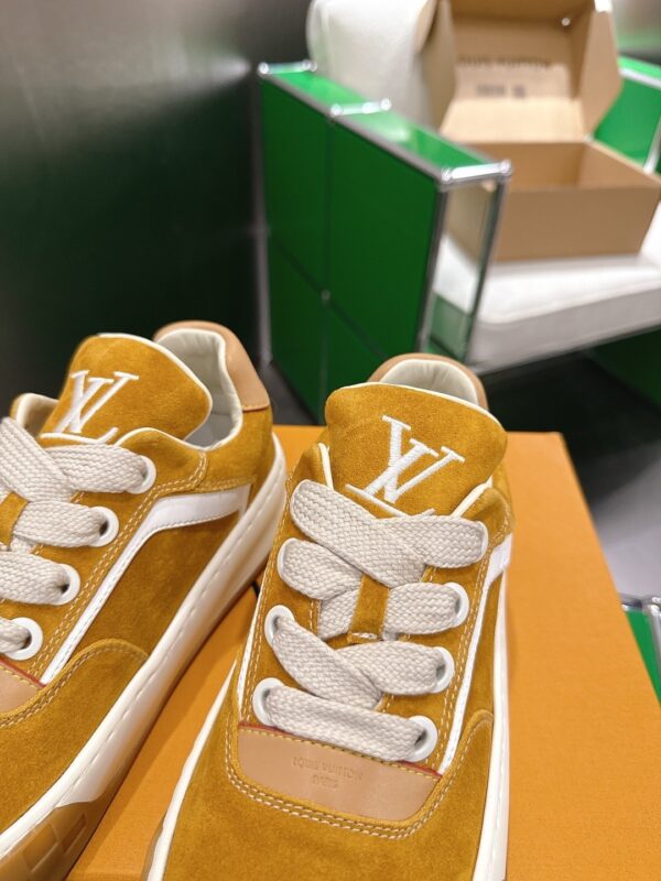 sy_no_3444A1596B7A73EA89295F9A39B987BA_5 Louis Vuitton LV Groovy Mustard Yellow Suede & Gum Sole Chunky Skate Sneakers