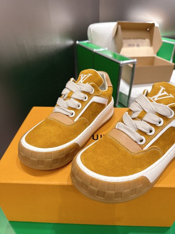 sy_no_3444A1596B7A73EA89295F9A39B987BA_6 Louis Vuitton LV Groovy Mustard Yellow Suede & Gum Sole Chunky Skate Sneakers