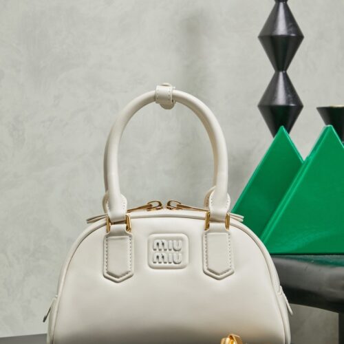 sy_no_398C4DC1C9EF7C5F5CE8A943EDC0204F_0 Miu Miu Women's Arcadie Calfskin Bowling Bag – Vintage-Style Shell Bag (Suitable for Commuting; Shoulder, Crossbody, or Hand-Carry)