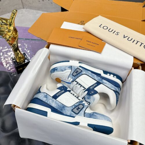 sy_no_402814CBC92AB4292BD5E1CB95C1D741_0 Louis Vuitton LV Trainer Washed Blue Denim & White Leather Retro Sneakers