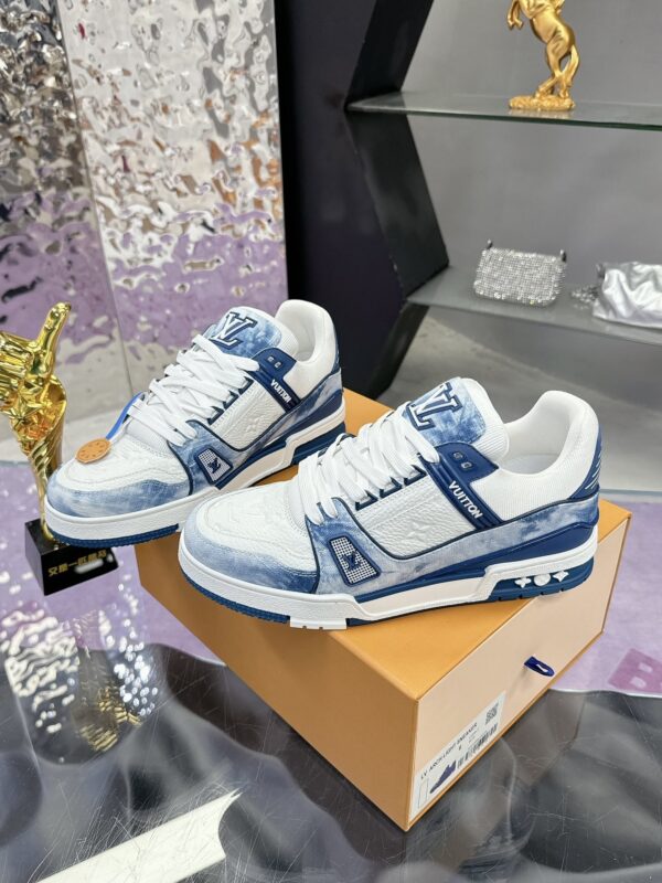 sy_no_402814CBC92AB4292BD5E1CB95C1D741_3 Louis Vuitton LV Trainer Washed Blue Denim & White Leather Retro Sneakers