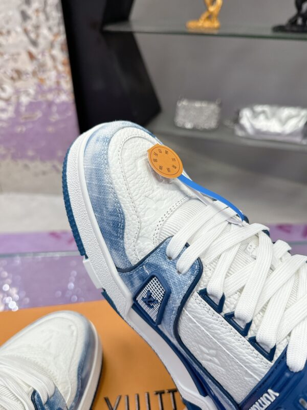 sy_no_402814CBC92AB4292BD5E1CB95C1D741_6 Louis Vuitton LV Trainer Washed Blue Denim & White Leather Retro Sneakers