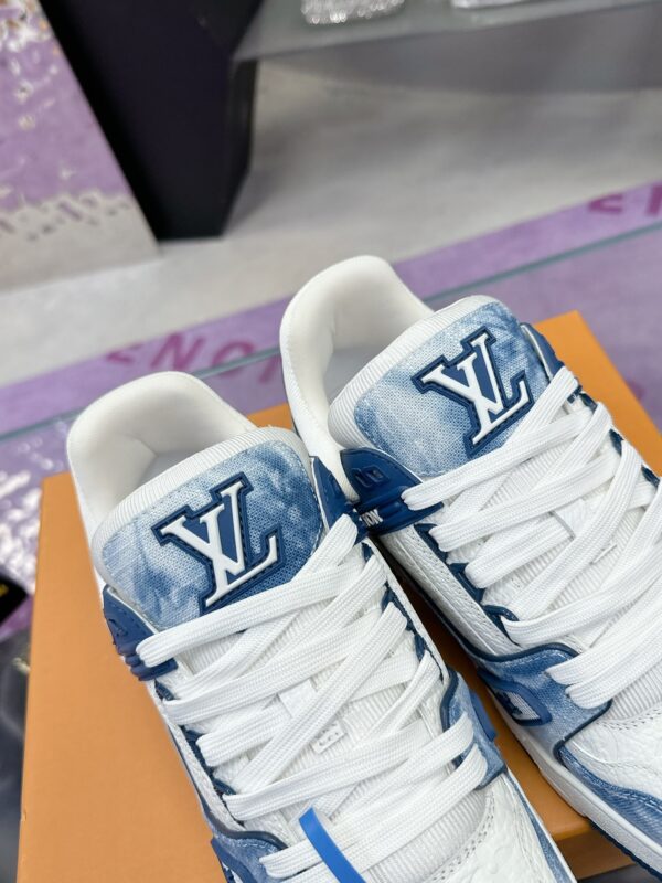 sy_no_402814CBC92AB4292BD5E1CB95C1D741_8 Louis Vuitton LV Trainer Washed Blue Denim & White Leather Retro Sneakers