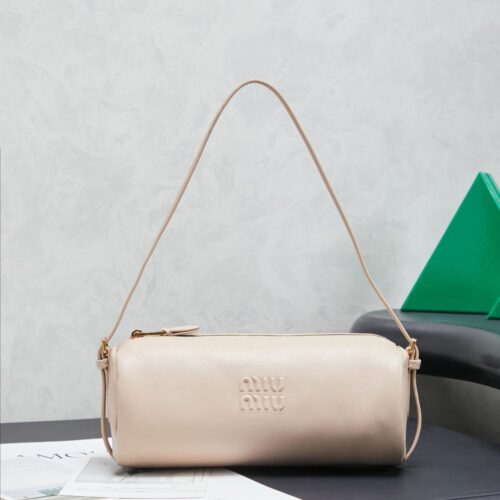 sy_no_44B455B1DF887477BD01847594F773E2_0 Beige Leather Cylindrical Underarm Shoulder Bag