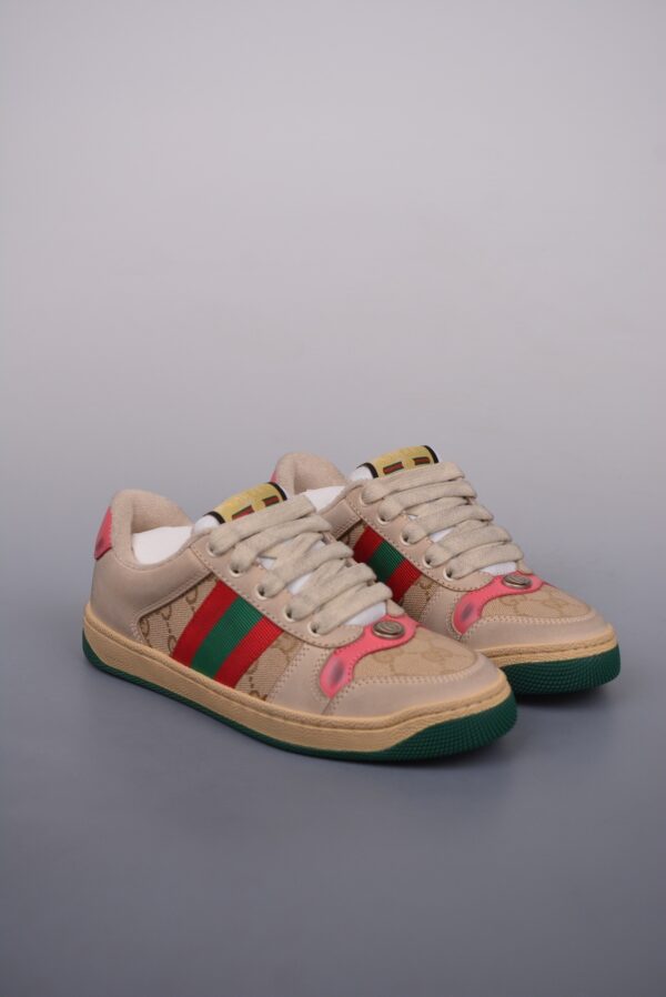 sy_no_453689F2A38632D7037A6A8AA890DE44_0 Gucci Screener GG Canvas & Beige Suede Sneaker with Pink Wash Accent