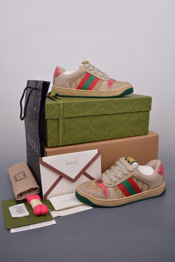 sy_no_453689F2A38632D7037A6A8AA890DE44_4 Gucci Screener GG Canvas & Beige Suede Sneaker with Pink Wash Accent