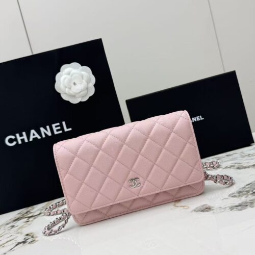 Pink Quilted Textured Calfskin WOC Chain Wallet