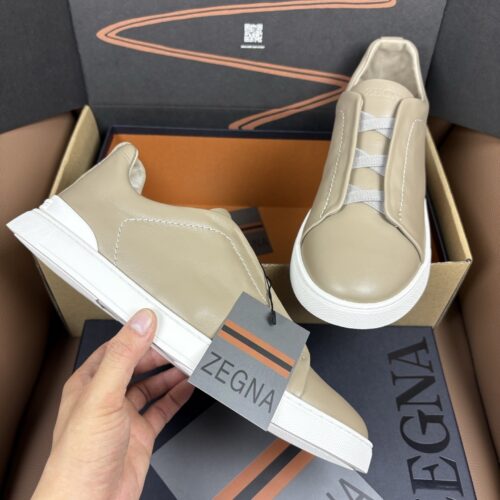 Beige & Khaki Smooth Leather Slip-On Sneakers