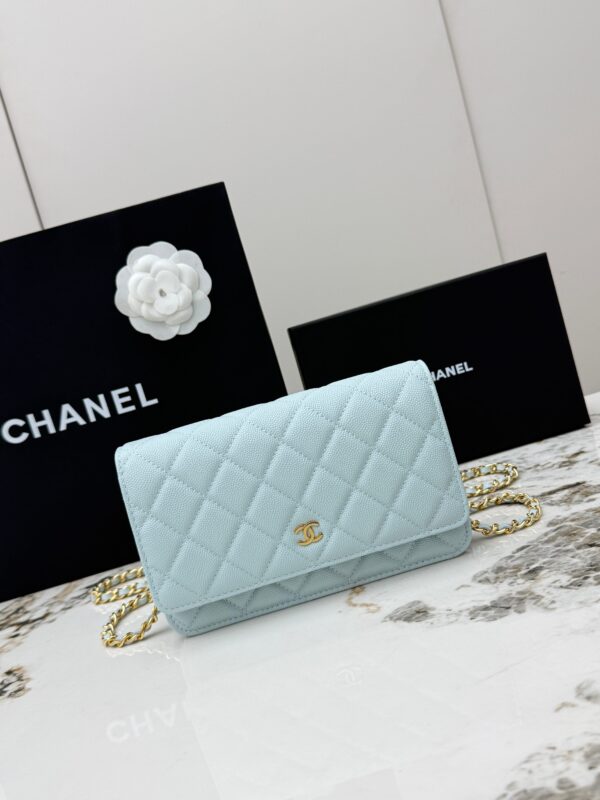 Blue Quilted Textured Calfskin WOC Chain Wallet