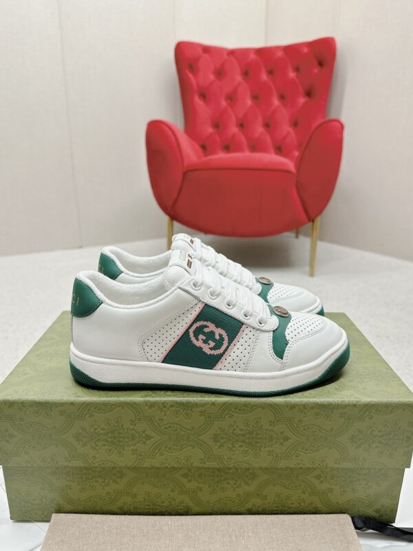 sy_no_4A6641C51A89B19B9948994FF3DD1ADF_0 Gucci Screener White Leather Sneaker with Green & Pink Web & Interlocking GG Embroidery