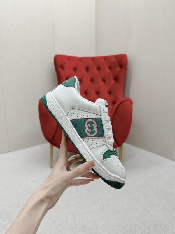 sy_no_4A6641C51A89B19B9948994FF3DD1ADF_3 Gucci Screener White Leather Sneaker with Green & Pink Web & Interlocking GG Embroidery