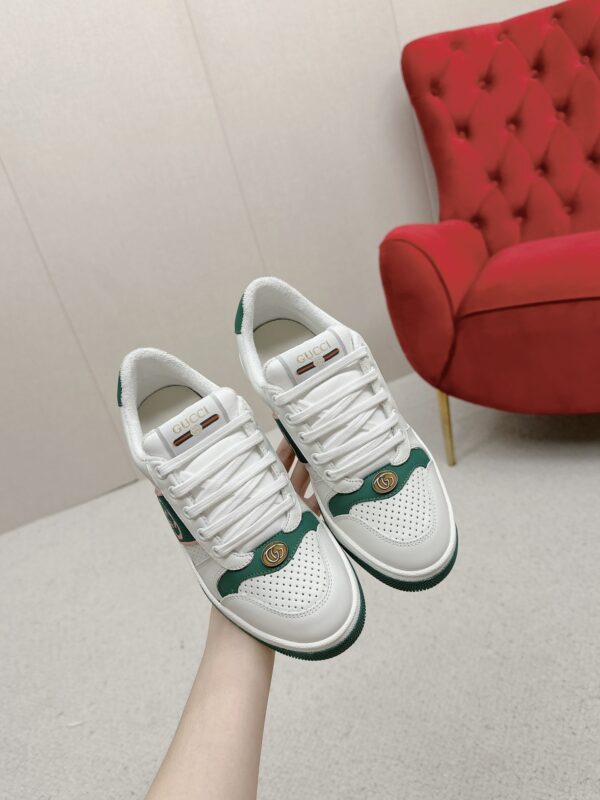 sy_no_4A6641C51A89B19B9948994FF3DD1ADF_4 Gucci Screener White Leather Sneaker with Green & Pink Web & Interlocking GG Embroidery