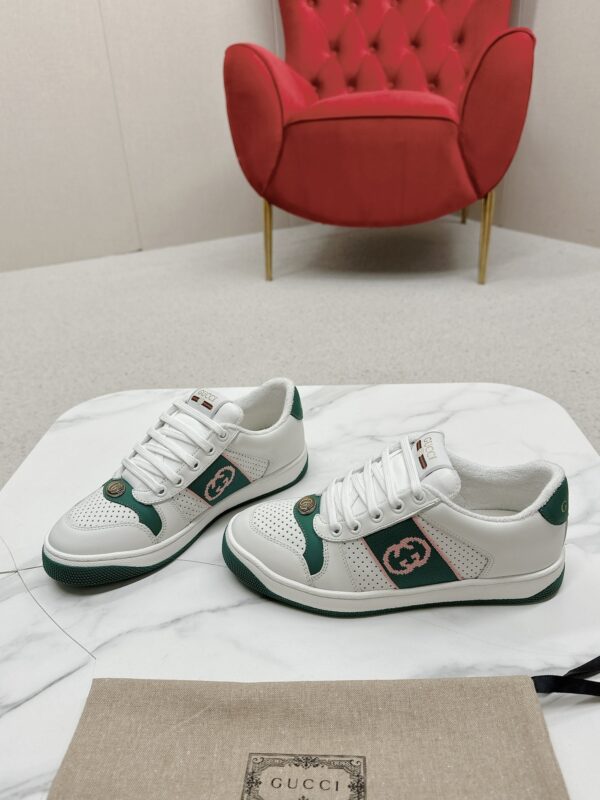 sy_no_4A6641C51A89B19B9948994FF3DD1ADF_5 Gucci Screener White Leather Sneaker with Green & Pink Web & Interlocking GG Embroidery