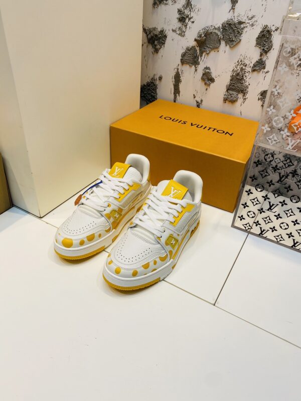 White & Yellow Polka Dot Low-Top Leather Sneakers